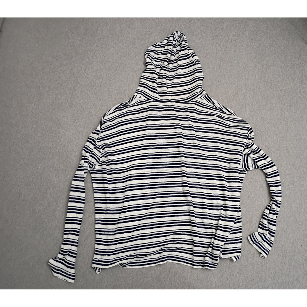 Tahari Women XL Blue White Striped 100% Linen Hoodie V-Neck Tassel Drawstring - Picture 2 of 7